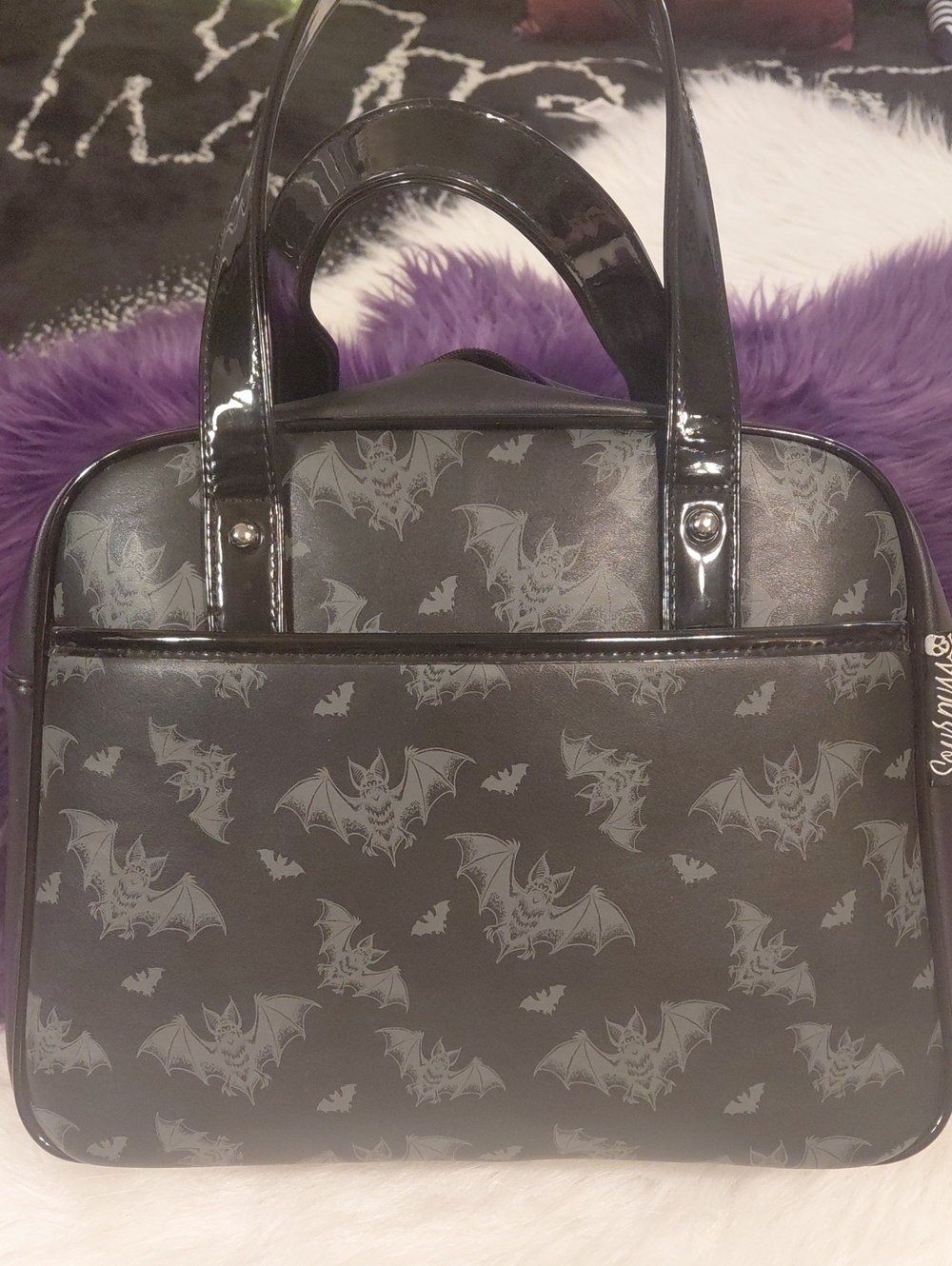 SOURPUSS Black Bat-Print Patent Tote Bag